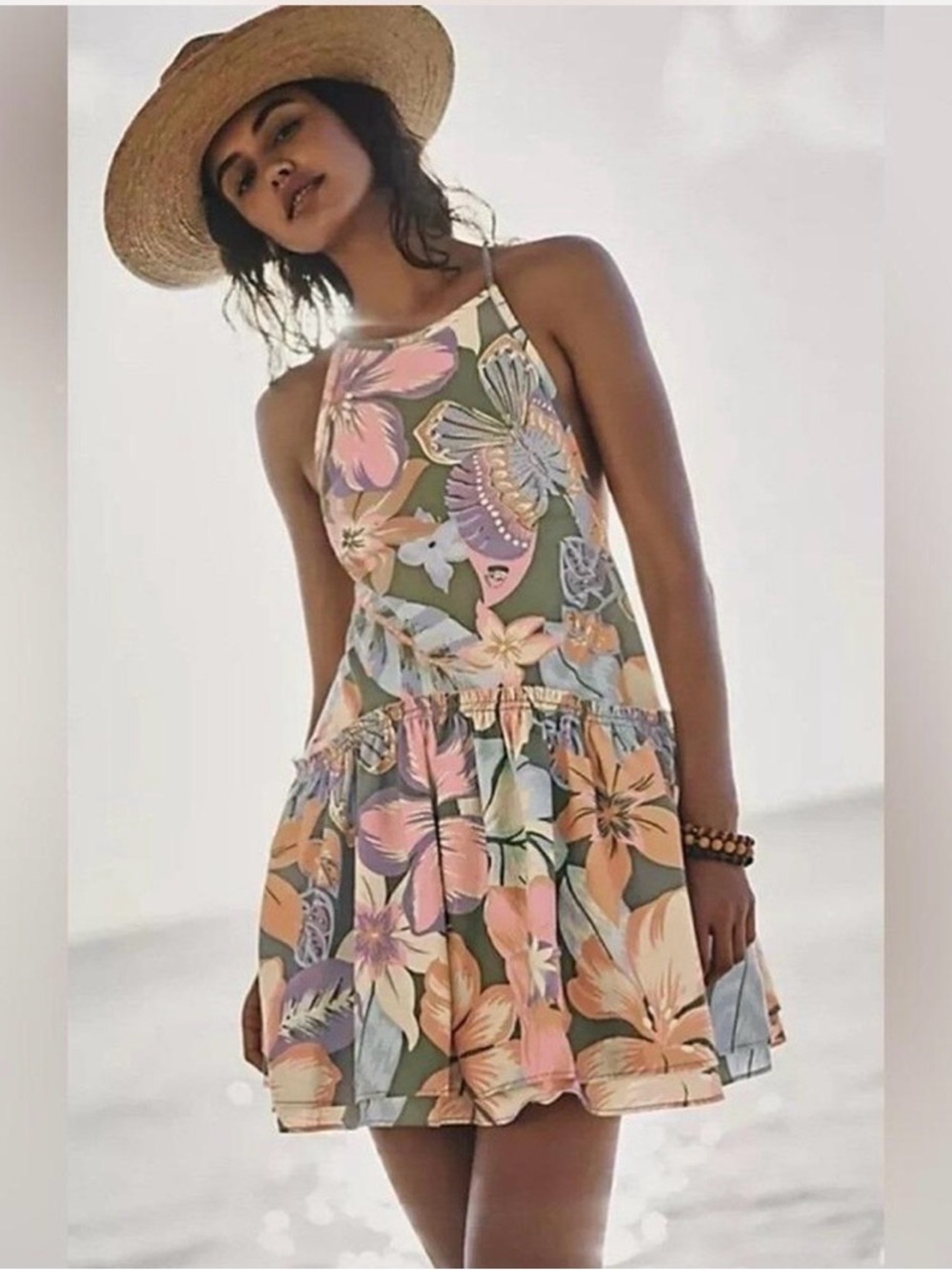 Free people Floral Halter Mini Dress in Olive & Peach
